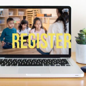 laptop with image of children learning meditation and word 'register'